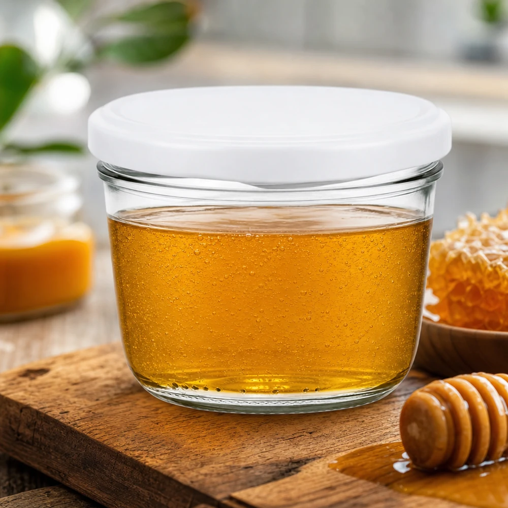 230ml pot renversé avec couvercle blanc pour le miel - Pot d'apiculteur avec cuillère à miel sur table en bois rustique