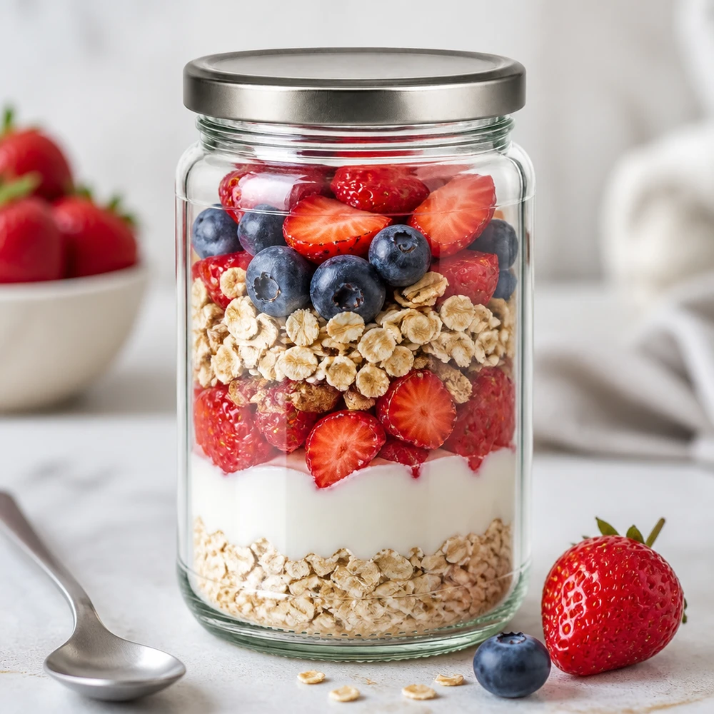 305ml Verre rond avec couvercle BasicSeal argent UNiTWIST 305ml Rundglas als Overnight Oats Schichtdessert mit Beeren und Granola - BasicSeal Deckel silber für Meal Prep