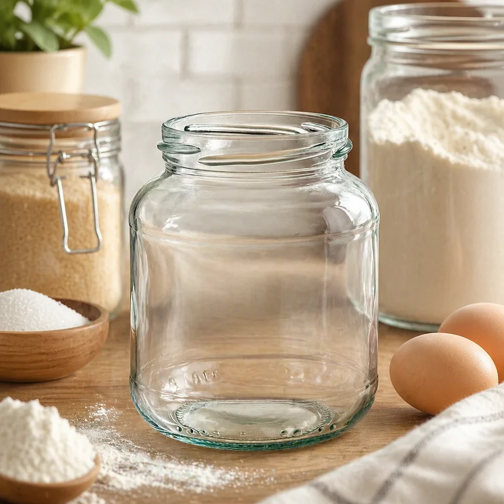 UNiTWIST Oval370 Pot de conservation 370ml vide sur table en bois avec farine oeufs et ustensiles de cuisine en arrière-plan