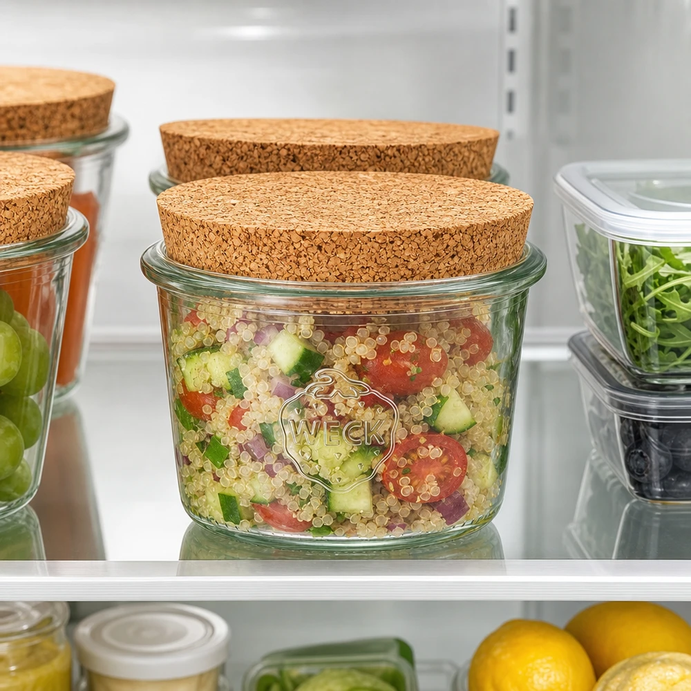 WECK Pot renversé 80ml RR60 avec bouchon dans le réfrigérateur pour la conservation de la salade de quinoa et des aliments frais