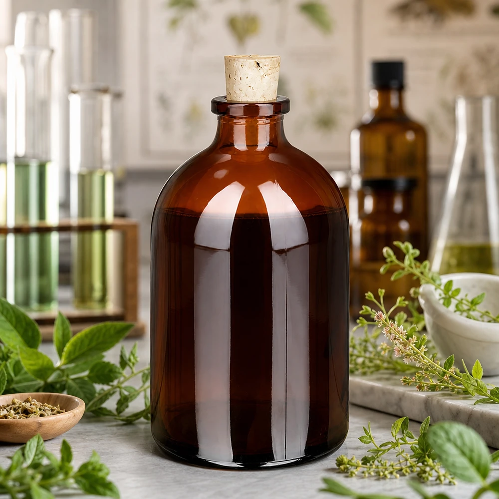 Rundbodenflasche 100ml Braunglas mit Korkdurchmesser 11/14mm neben Mörser und Kräuterextrakten