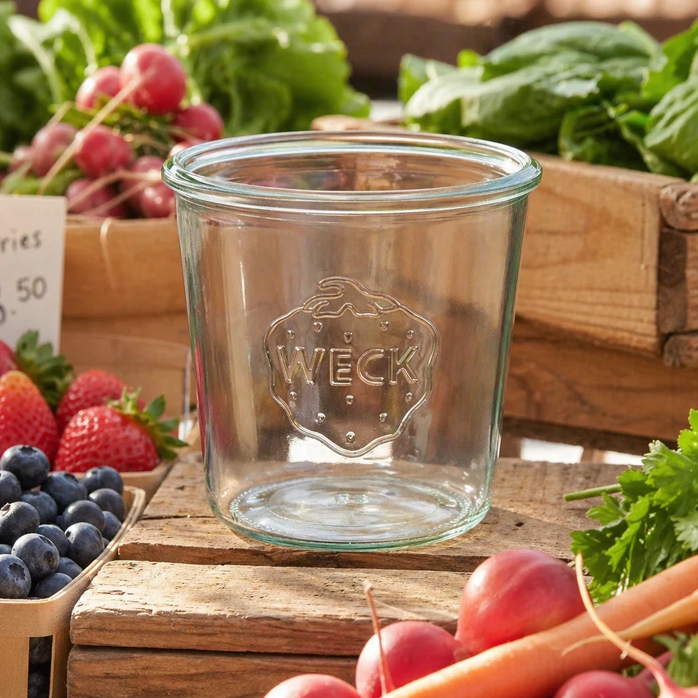 580ml WECK Pot renversé RR100 Pot de conservation sur planche en bois avec des fruits et légumes frais du marché