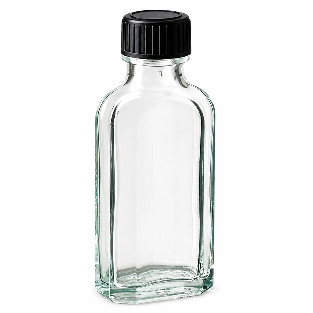 Flacon en verre Meplat transparent de 50 ml, muni d'un bouchon à vis noir et d'un joint d'étanchéité LKD