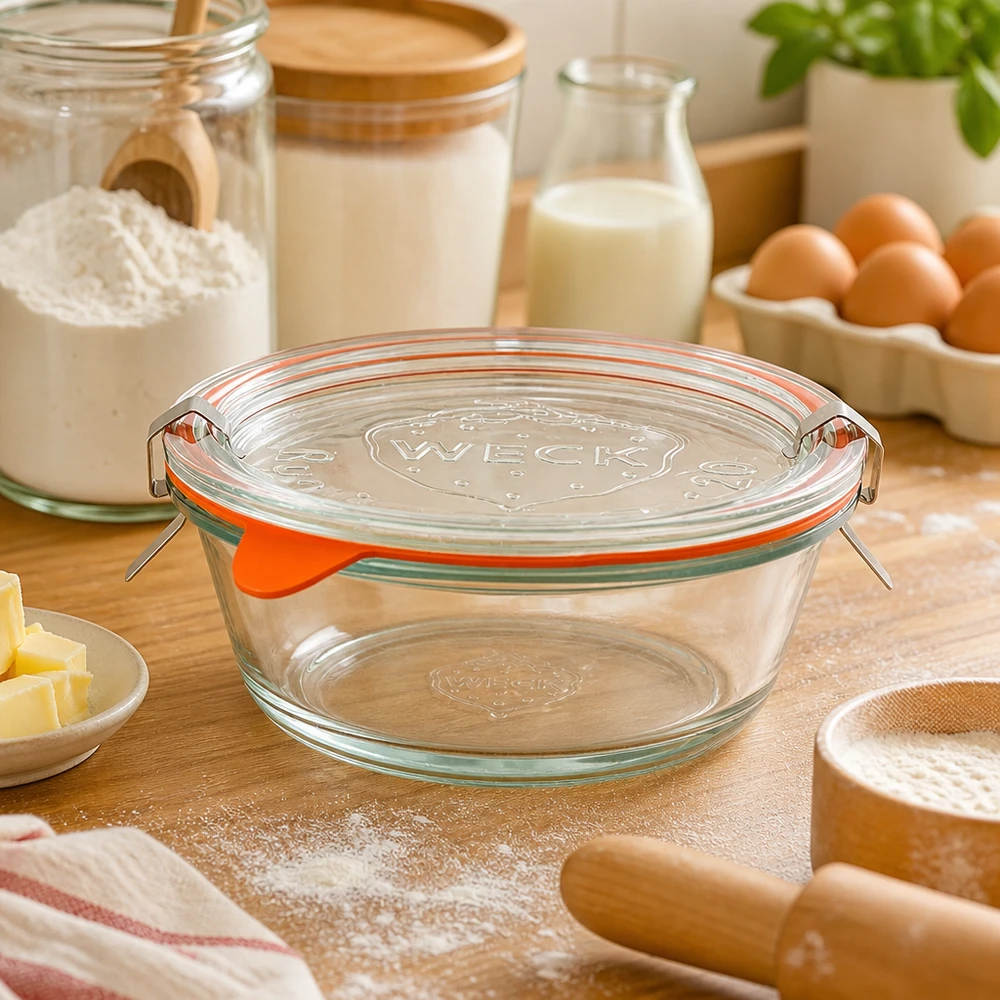 300ml bocal gourmet complet WECK RR120 WECK Verre Gourmet 300ml RR120 dans Cuisine de pâtisserie avec ingrédients de cuisson, farine, œufs et lait, verre de cuisine polyvalent
