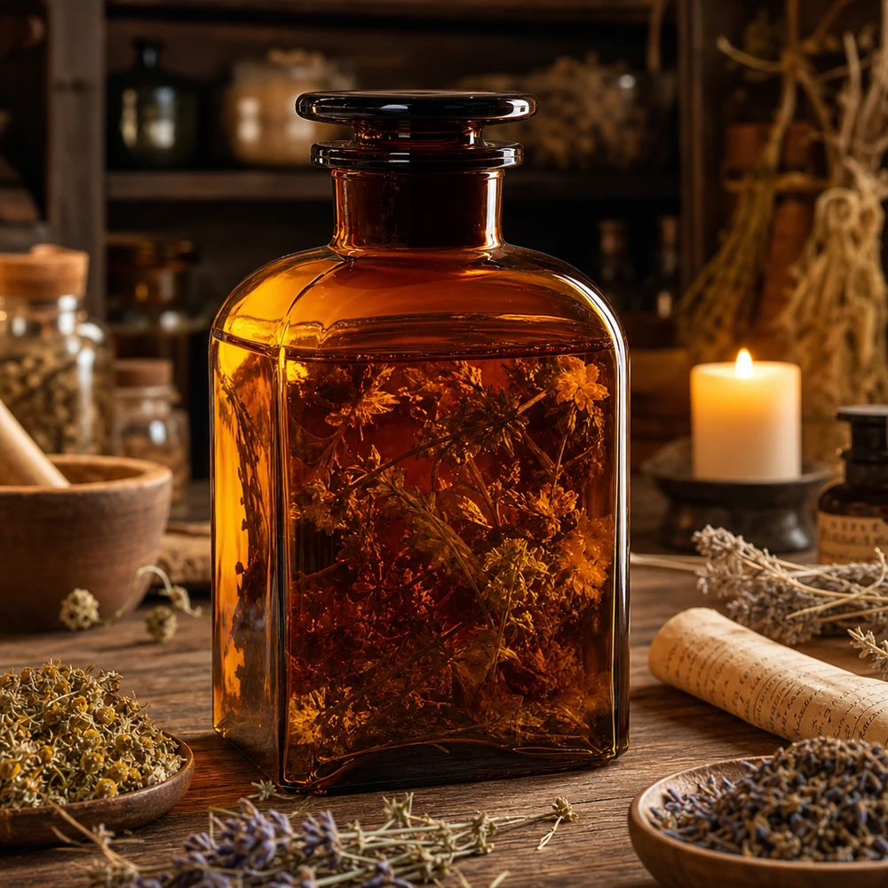 Flacon de pharmacie marron de 500 ml contenant une infusion aux herbes et muni de son bouchon en verre d'origine