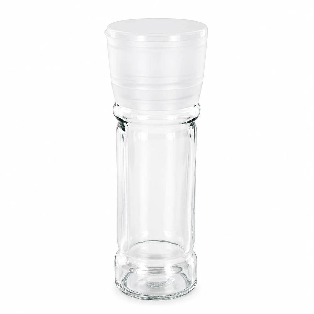 Pot à épices vide de 100 ml avec moulin en plastique blanc et récipient en verre transparent pour le sel et les épices