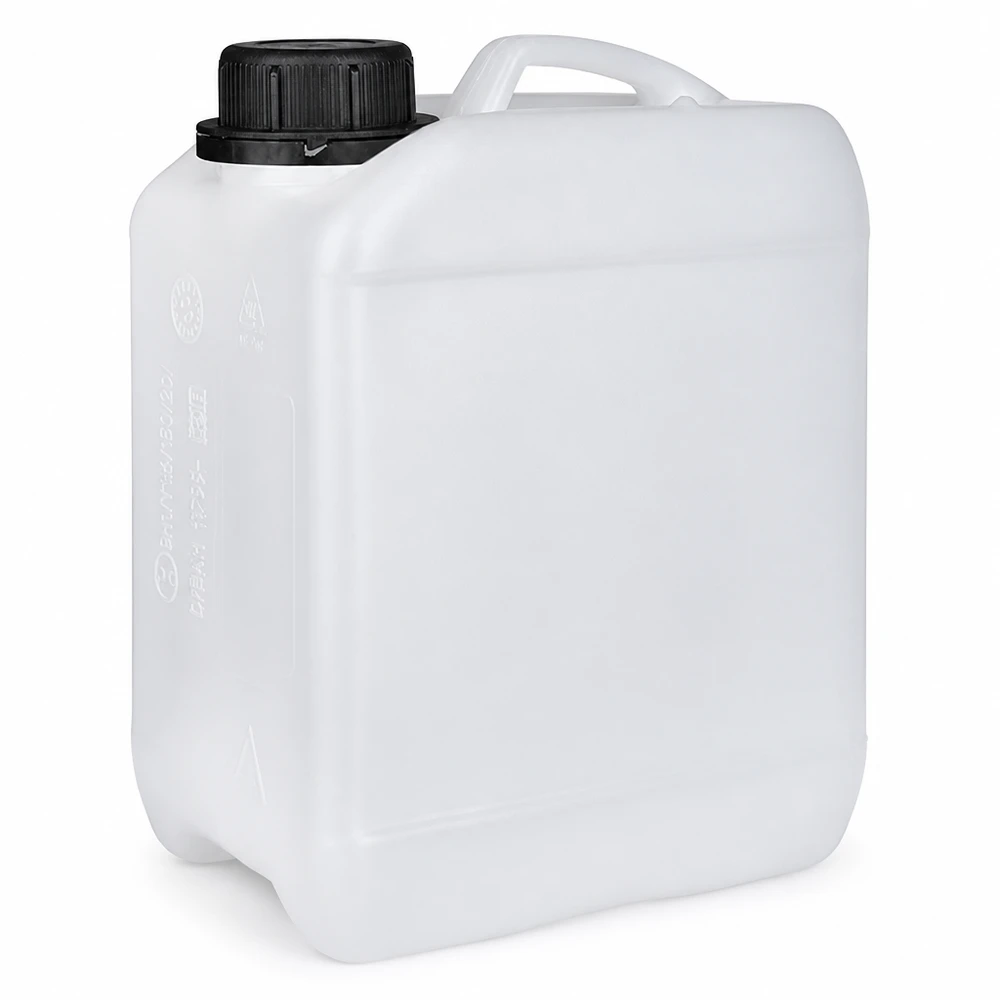 Bidon en plastique blanc de 2,5 litres, muni d'un bouchon à vis noir et d'une poignée de transport