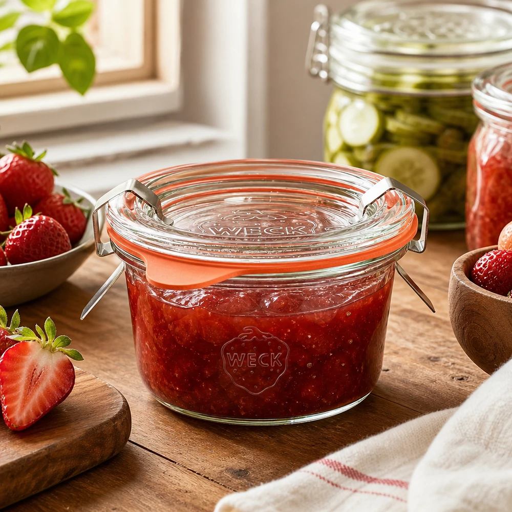 WECK Pot renversé de 50 ml RR60 dans la cuisine rempli de confiture de fraises maison à côté de fraises fraîches sur une planche en bois