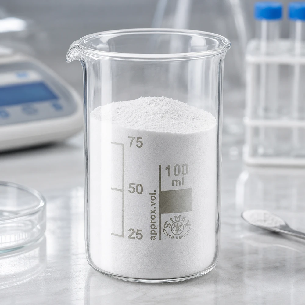 Poudre blanche dans un bécher de 100 ml, de forme haute, en verre borosilicaté, posé sur une paillasse de laboratoire