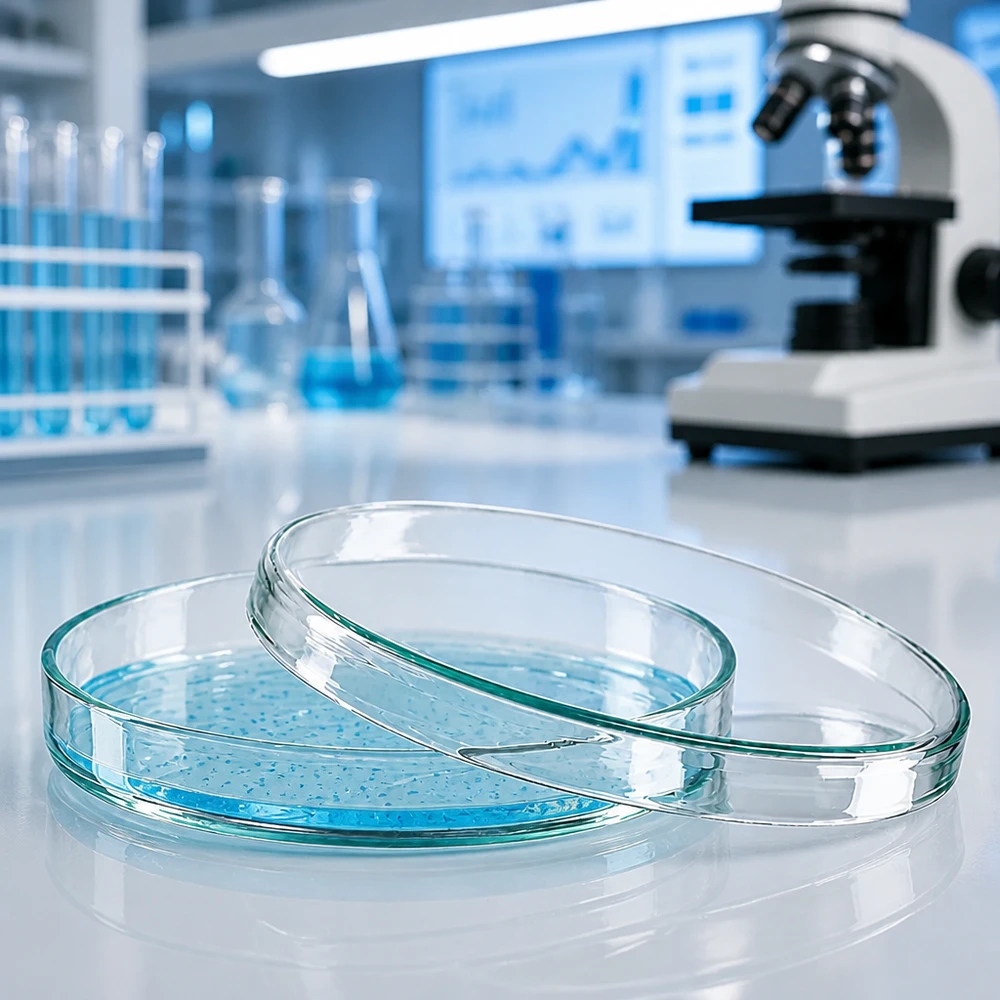 Boîte de Petri en verre 100 x 15 mm Deux boîtes de Pétri en verre de 100 x 15 mm contenant un milieu bleu dans un laboratoire de recherche moderne