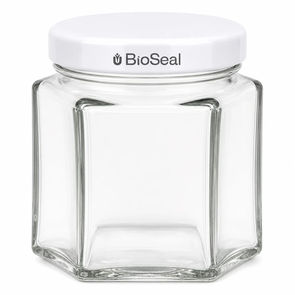 47ml Verre hexagonal avec couvercle BioSeal blanc UNiTWIST 47ml Verre hexagonal avec couvercle BioSeal blanc UNiTWIST