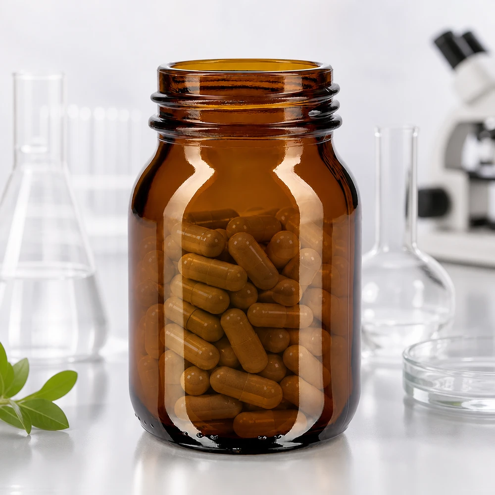 Bouteille de pharmacie compacte de 75 ml en verre brun avec large ouverture pour les médicaments