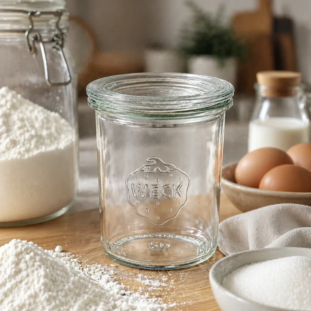 WECK Pot renversé 160ml RR60 vide en cuisine rustique avec farine, œufs et lait pour les conserves et les provisions