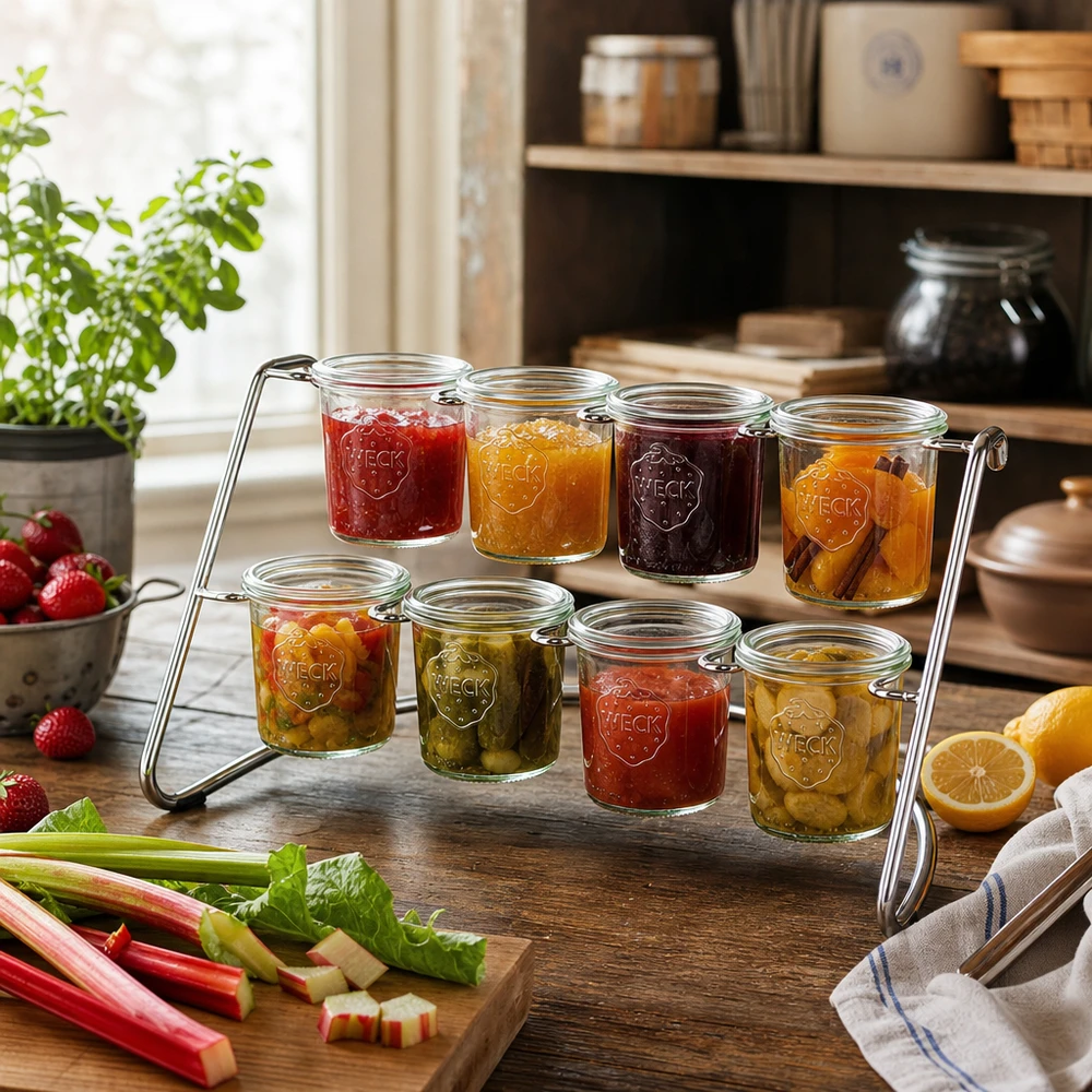 Support de service Flato8 avec marmelades et confitures colorées dans des pots WECK arrangés dans une cuisine rustique