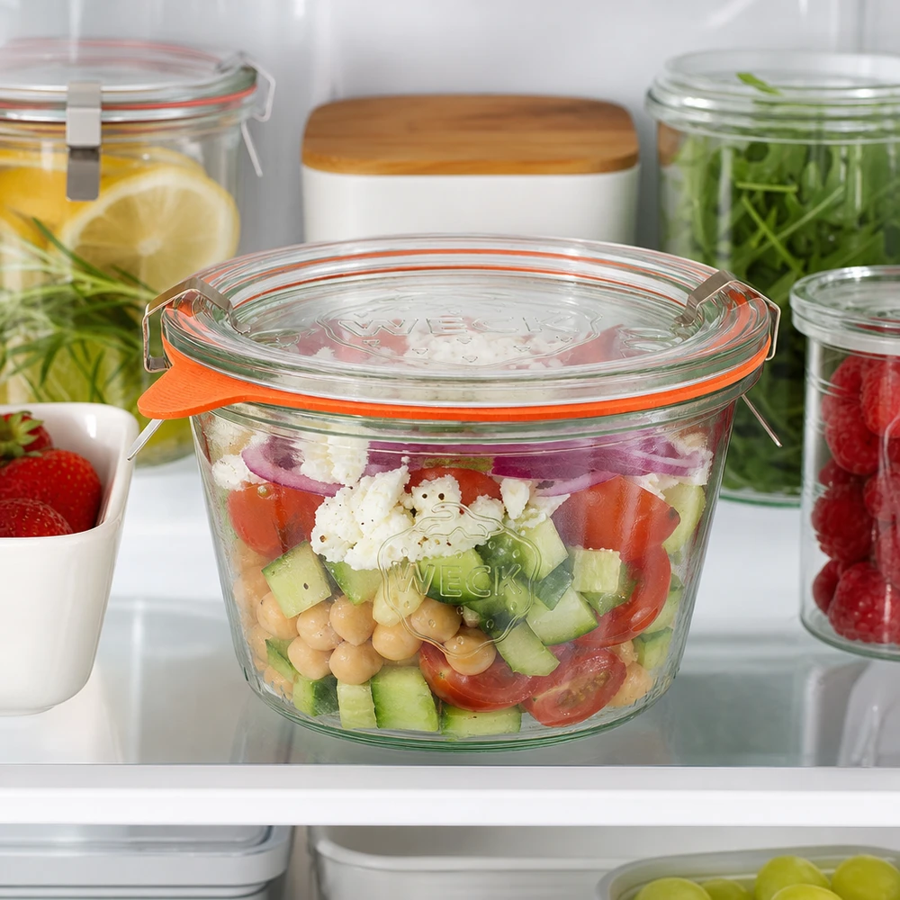 370ml bocal conique complet WECK RR100 WECK Pot renversé 370ml RR100 rempli de salade fraîche dans le réfrigérateur montre la conservation idéale de Meal Prep