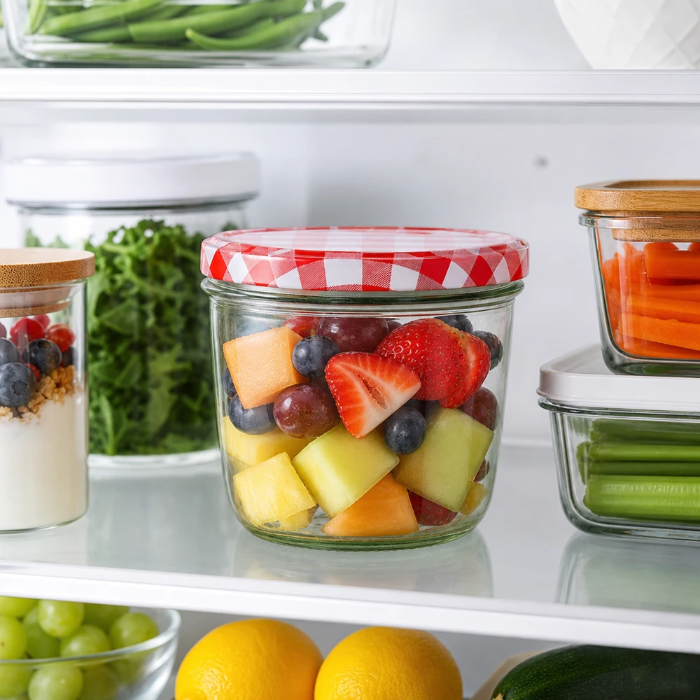 230ml Verre conique avec couvercle BasicSeal rouge/blanc UNiTWIST Bocal de 230 ml avec couvercle BasicSeal à carreaux rouges et blancs pour la salade de fruits au réfrigérateur.