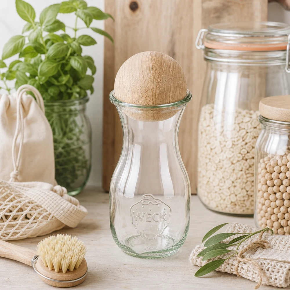 290ml Bouteille à jus de fruits WECK RR60 avec boule en bois en hêtre WECK Bouteille de jus 290ml RR60 avec boule en bois dans la cuisine durable zéro déchet entre les bocaux à provisions et les matériaux naturels
