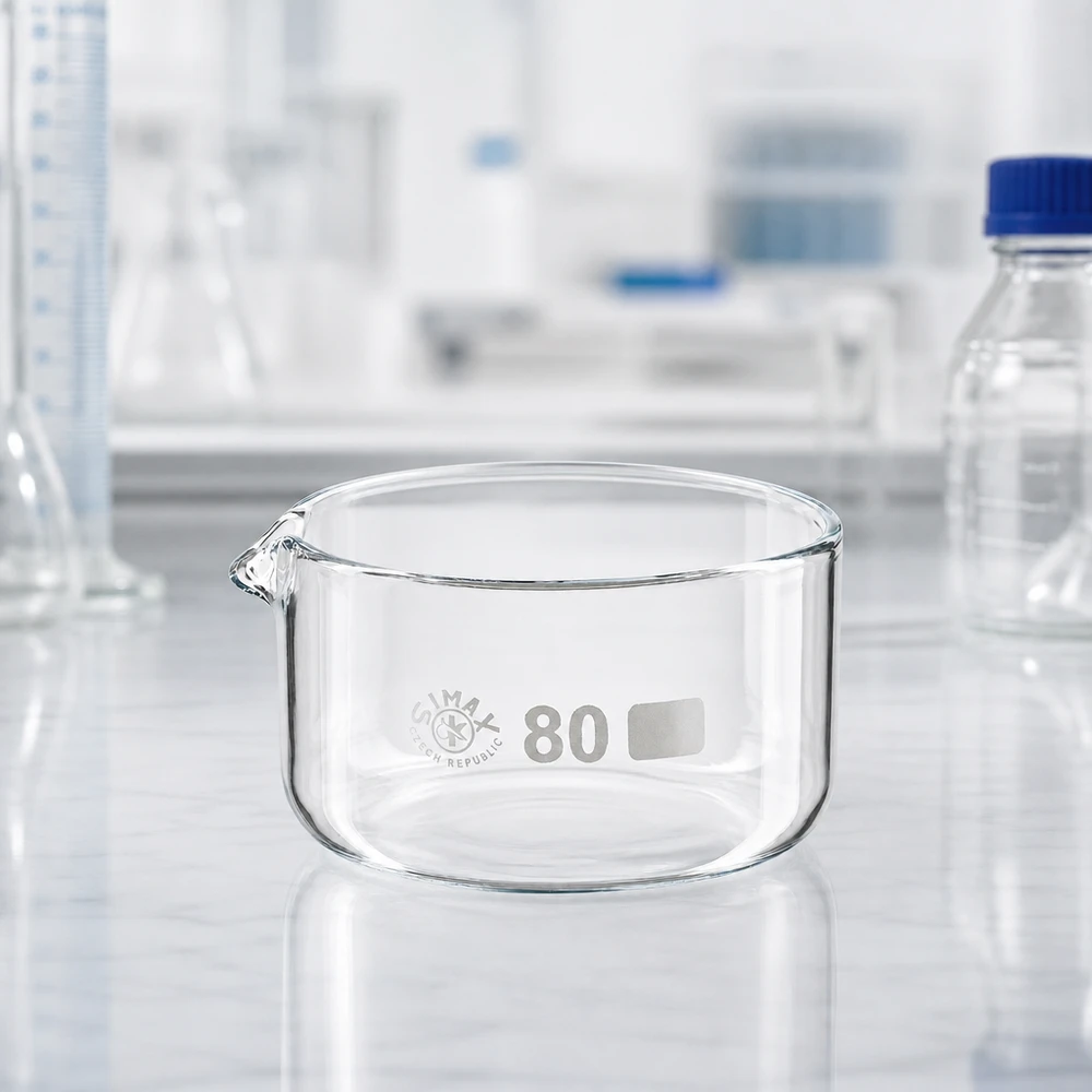Coupelle de cristallisation vide de 150 ml avec bec verseur, destinée à un usage professionnel en laboratoire, ø 80 mm, SIMAX