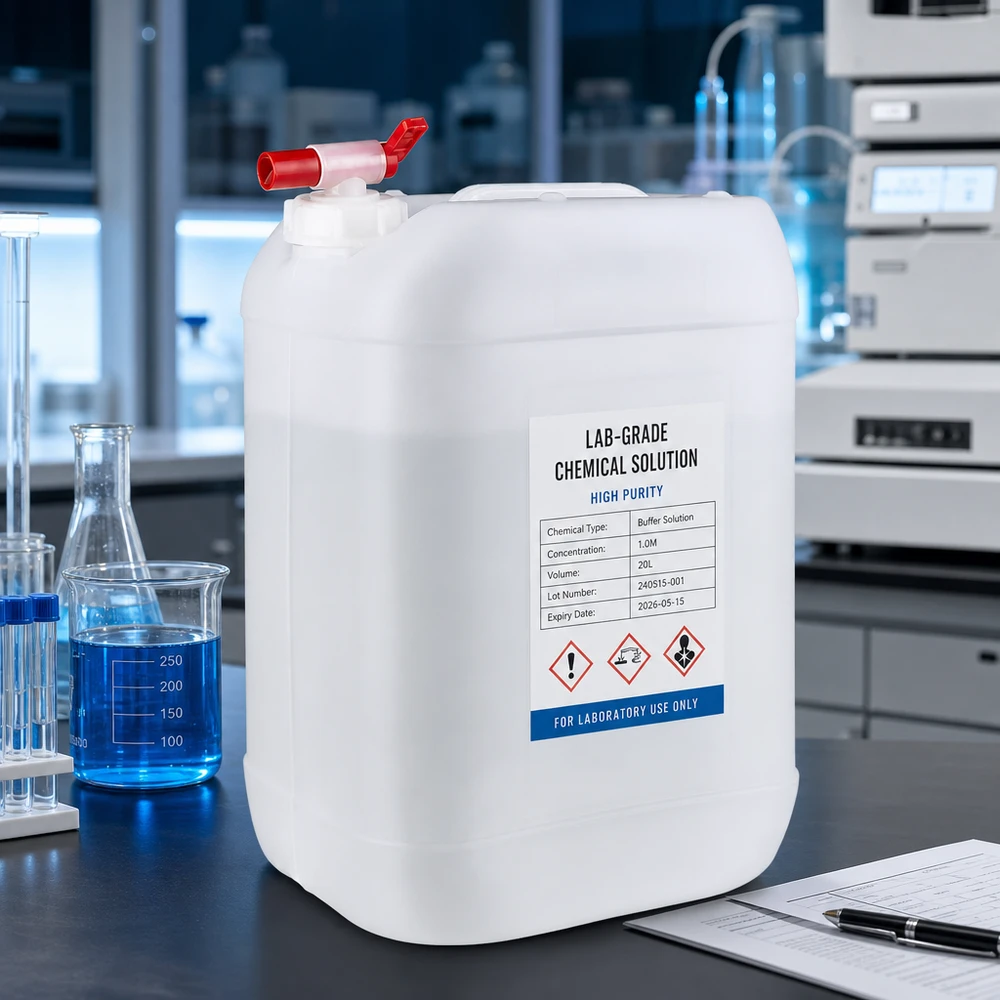 Bidon de laboratoire de 25 litres muni d'une étiquette « Produits chimiques » et d'un robinet de vidange rouge pour solution tampon