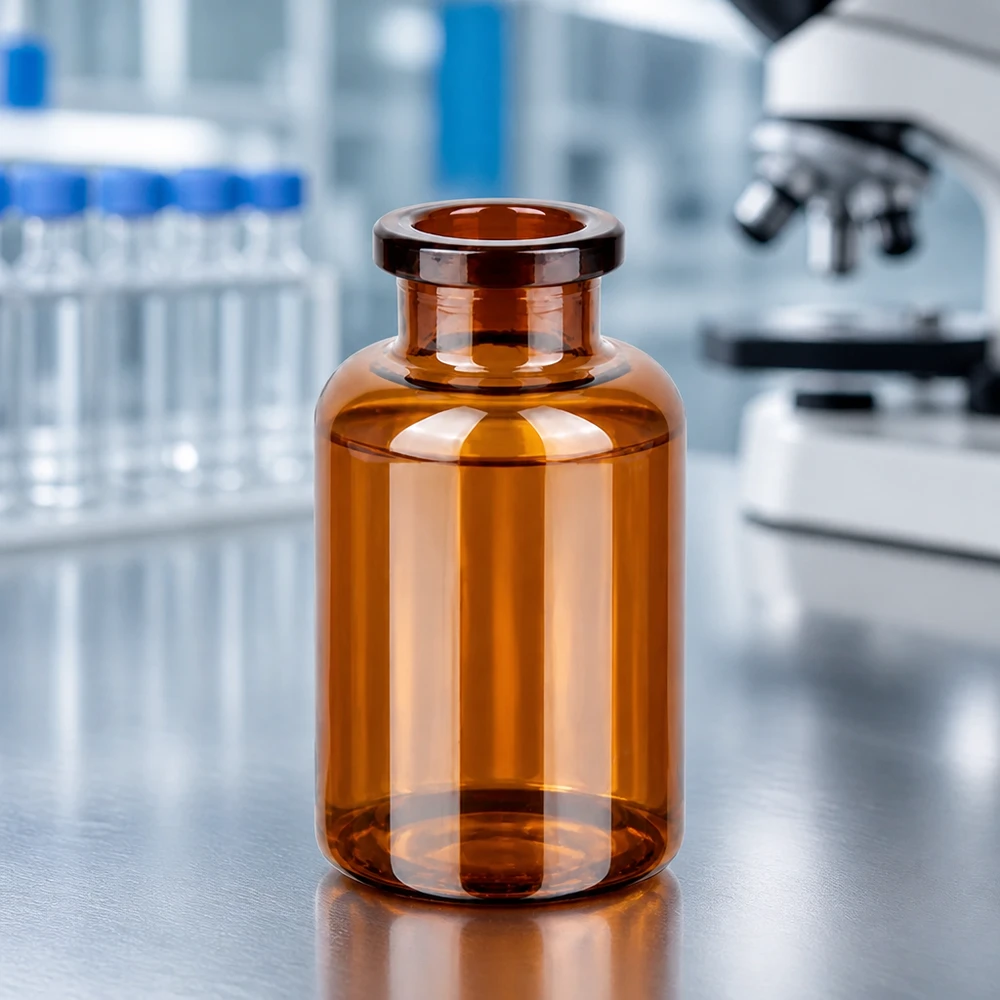 Flacon pour solution injectable, 20 ml en verre ambré Pharmazeutische Braunglas Injektionsflasche 20ml mit flachem Boden und breitem Körper
