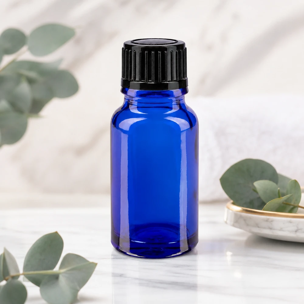 Flacon de médicament bleu de 10 ml muni d'un compte-gouttes précis de 1 mm, en verre anti-UV