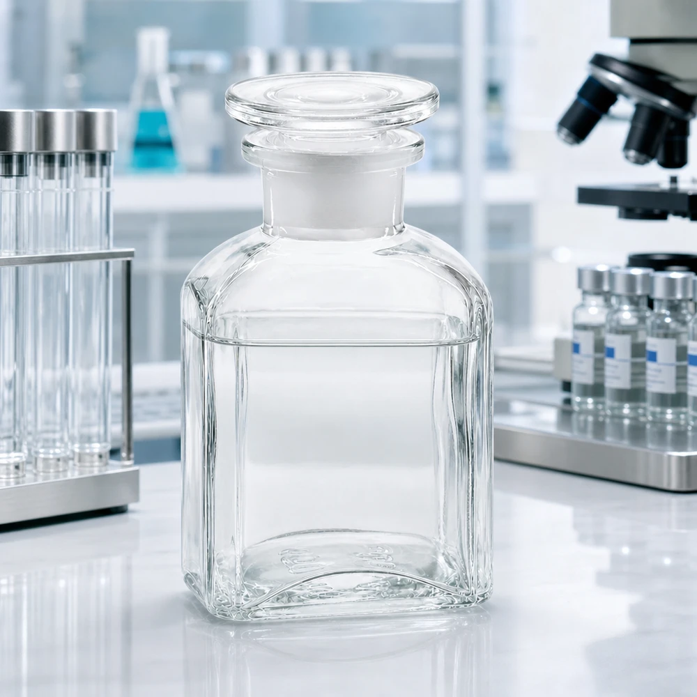 Flacon de laboratoire rectangulaire de 150 ml en verre transparent, à large ouverture et muni d'un bouchon taillé
