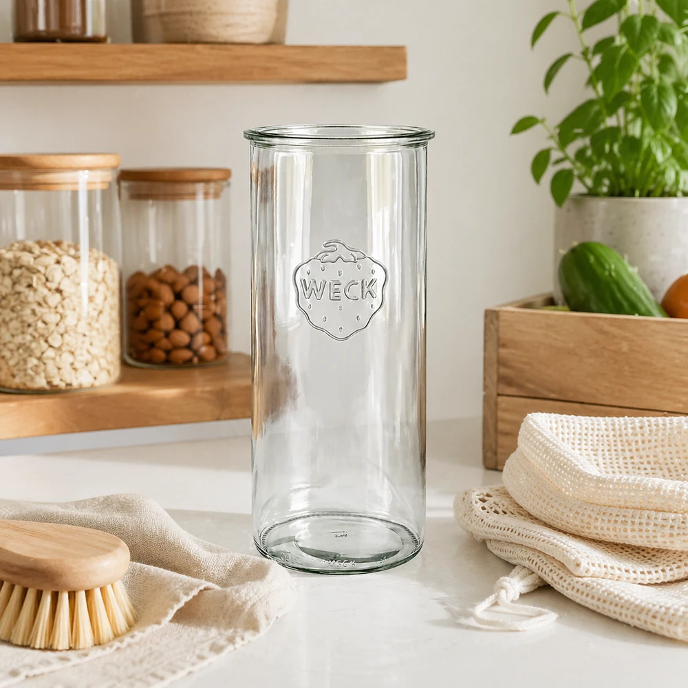 Bocal en verre WECK RR100 de 1 500 ml 1500ml WECK Bocal en verre RR100 Bocal en verre dans une cuisine moderne avec des étagères en bois et des produits durables