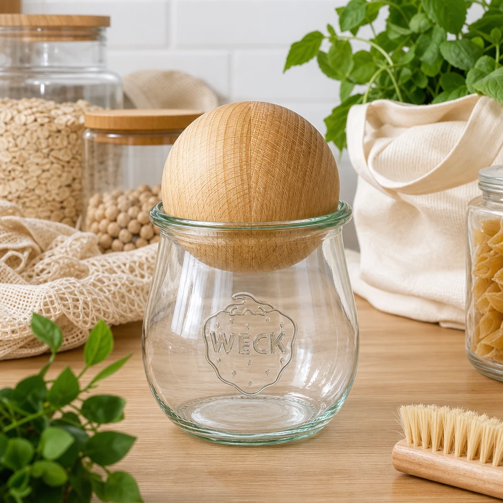 220ml bocal tulipe WECK RR60 avec boule en bois en hêtre WECK Tulpenglas RR60 220ml mit Buchenholzkugel in nachhaltiger Zero-Waste Küche neben Naturfasern und Kräutern