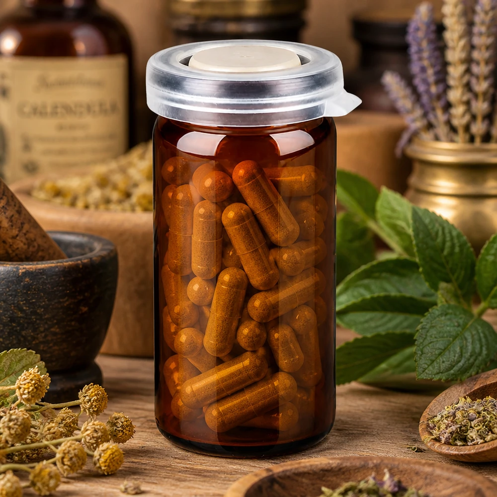 Pot à comprimés 10 ml ambré, avec bouchon à déclic Flacon en verre d'apothicaire brun de 10 ml avec couvercle à encliqueter, rempli de gélules à base de plantes de couleur brun doré