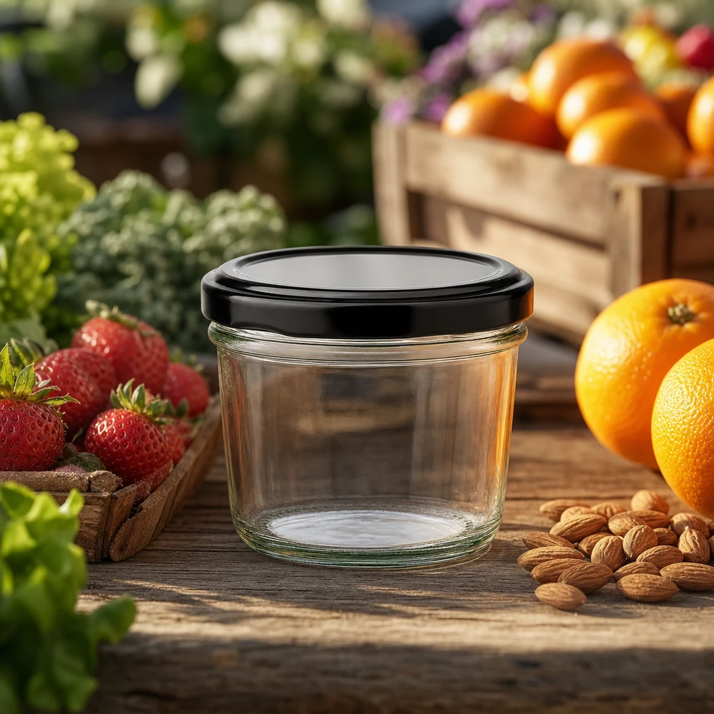 230ml verre renversé vide avec couvercle noir entre les fruits frais et les noix montre des possibilités d'utilisation naturelles