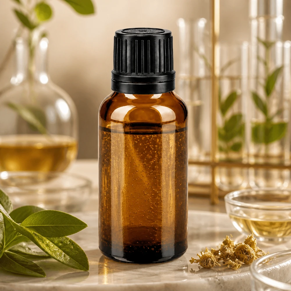 Flacon en verre brun de 20ml avec bouchon vissable noir et bague verseuse Flacon en verre de 20 ml, couleur ambre, avec bouchon d'origine noir de 8 mm pour produits pharmaceutiques