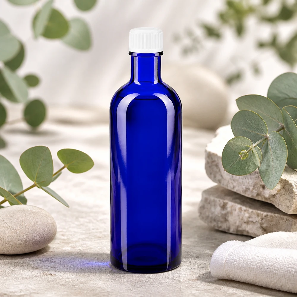 Flacon de pharmacie bleu 200ml bouchon vissable blanc standart Flacon de pharmacie bleu de 200 ml avec bouchon à vis en verre blanc à sécurité enfant