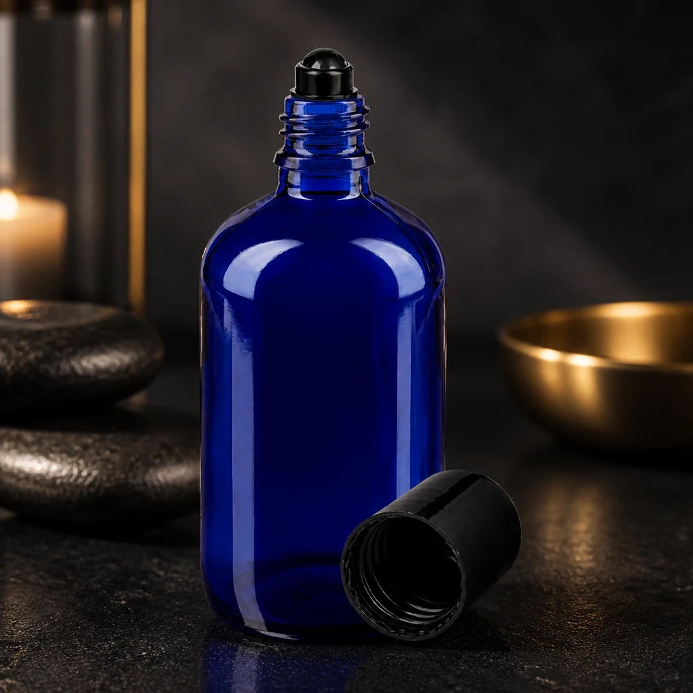 Flacon de déodorant en verre bleu 100 ml, déo à bille vide Flacon de pharmacie bleu cobalt de 100 ml avec embout à bille noir et bouchon à vis