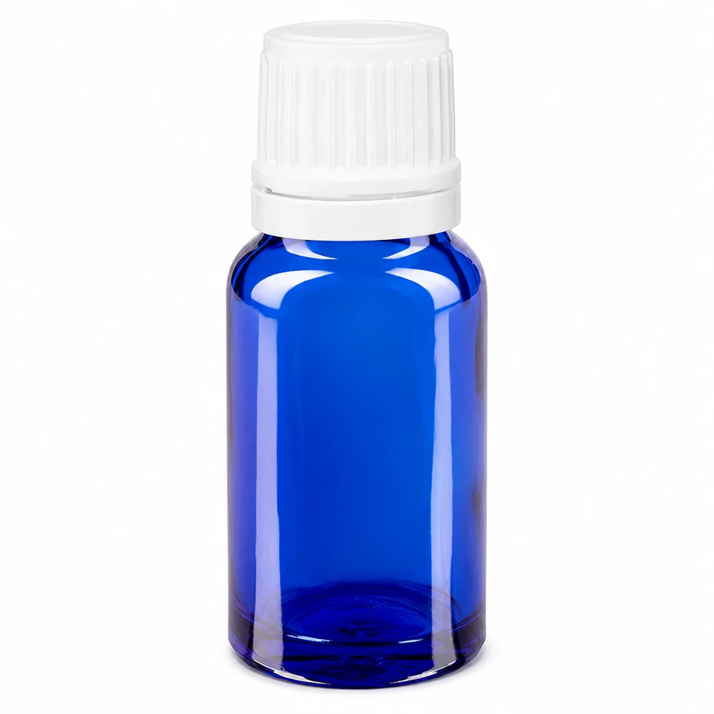 Flacon de pharmacie en verre bleu de 10 ml, muni d'un bouchon d'inviolabilité blanc et d'un compte-gouttes de 0,7 mm