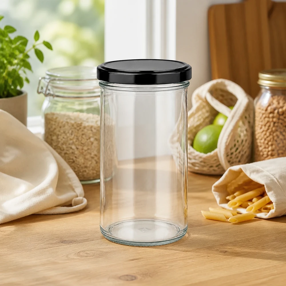 277ml Sturzglas mit schwarzem Deckel umgeben von nachhaltigen Vorratsbehältern und Zero-Waste-Produkten auf Küchenarbeit