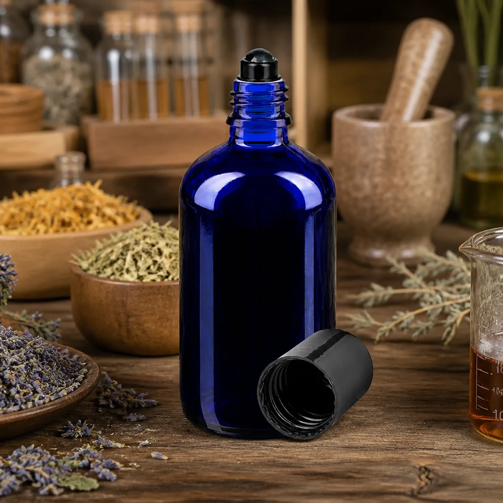Flacon de déodorant en verre bleu 100 ml, déo à bille vide Flacon en verre d'apothicaire bleu de 100 ml muni d'un bouchon à bille noir, au milieu d'herbes séchées et de lavande