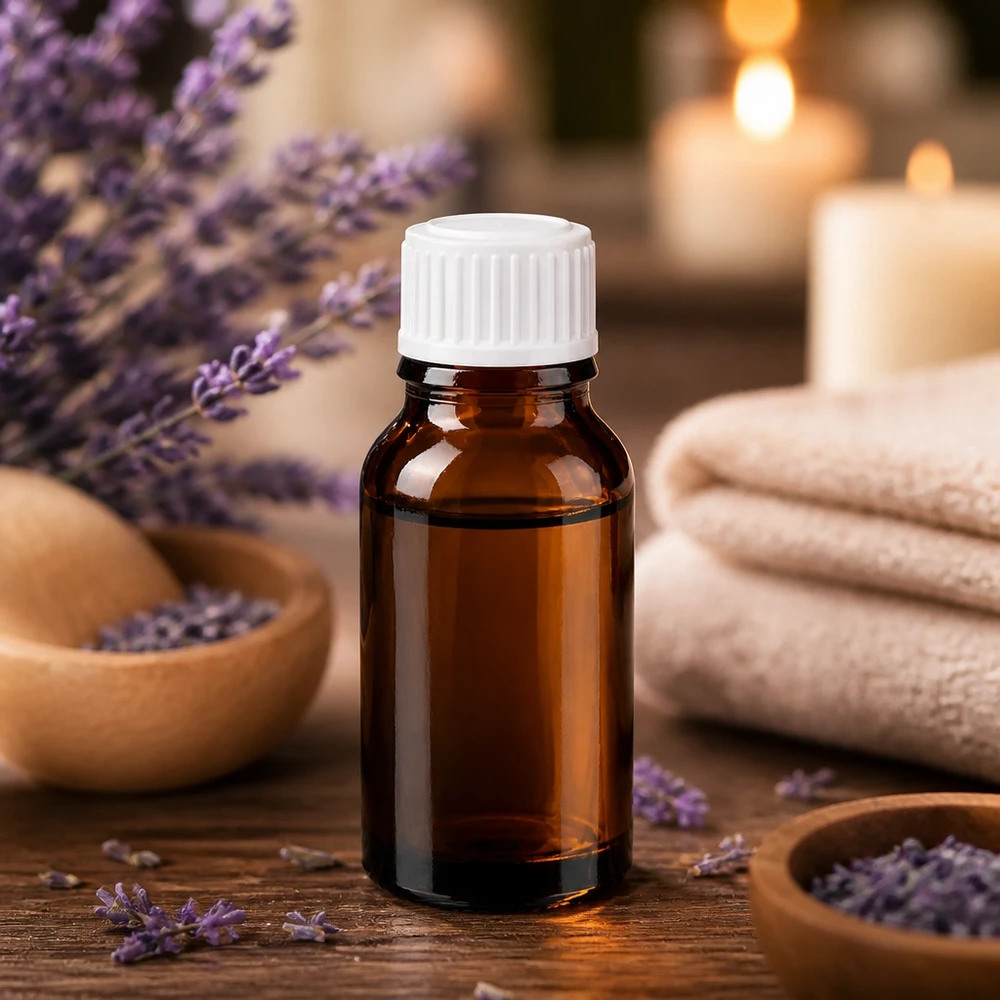 Flacon en verre brun 15ml avec bouchon à vis blanc St Flacon de pharmacie brun de 15 ml avec un bouchon à vis blanc, entouré de fleurs de lavande et de bougies