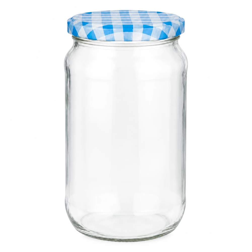 1062ml Verre rond avec couvercle BasicSeal bleu/blanc UNiTWIST Pot rond de 1062ml avec couvercle BasicSeal à carreaux bleus et blancs, pot vide pour conserves et stockage