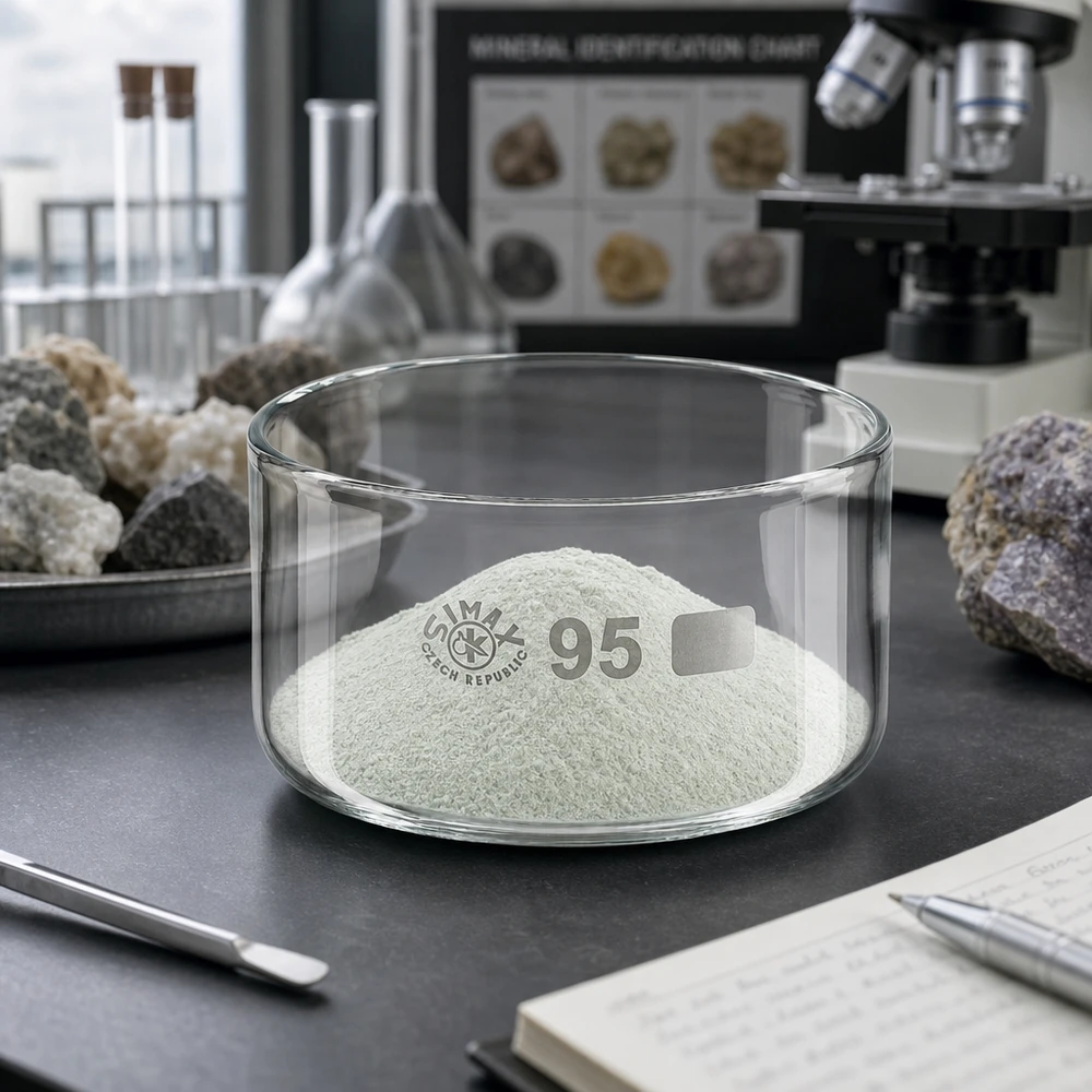 Poudre minérale blanche dans un bac de cristallisation Simax de 300 ml, diamètre 95 mm, laboratoire de géologie
