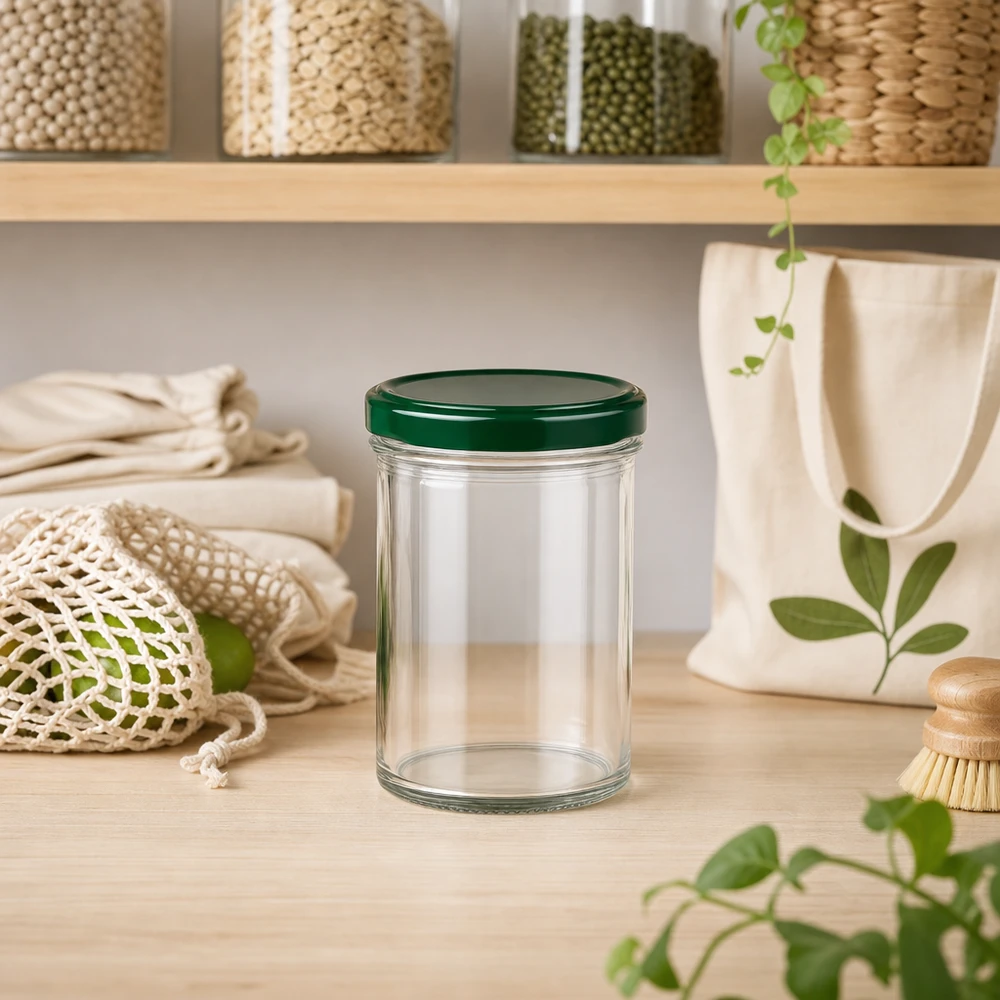 350ml Verre conique avec couvercle BasicSeal vert UNiTWIST Verre renversé de 350 ml UNiTWIST avec couvercle vert dans une cuisine durable Zero-Waste avec des produits écologiques et des plantes