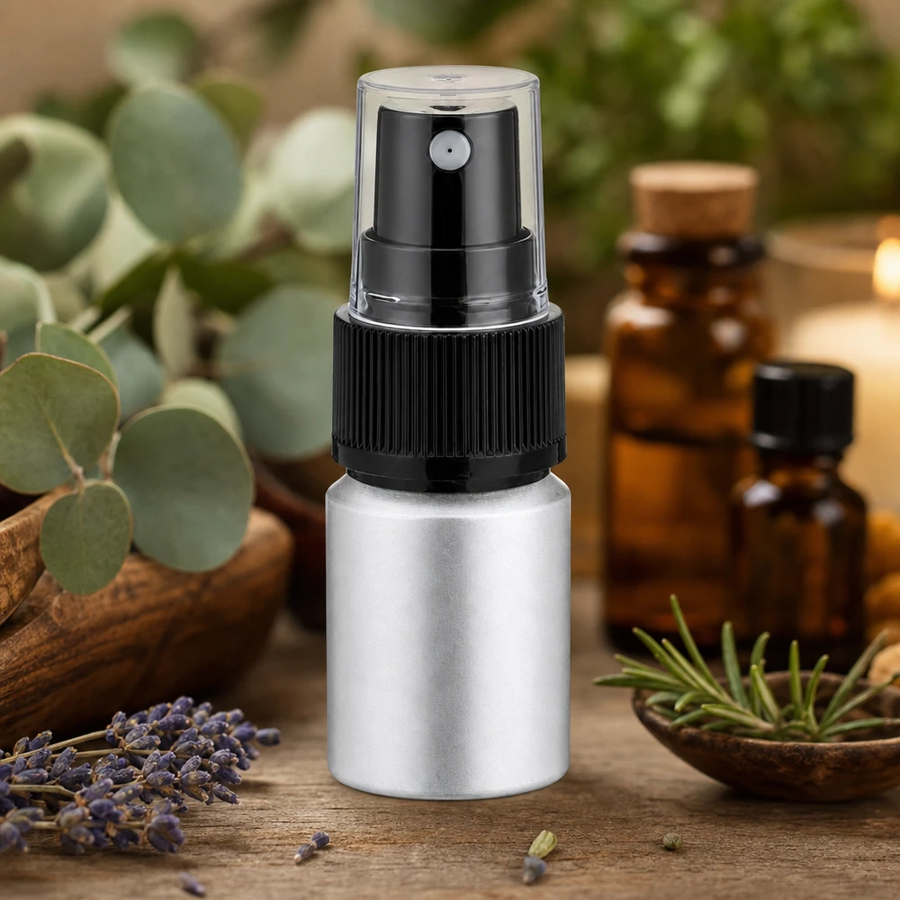 Bouteille en aluminium teinté 10 ml, avec vaporisateur à pompe noir Bouteille compacte en aluminium avec vaporisateur fin d'une capacité de 10 ml, aspect argenté mat