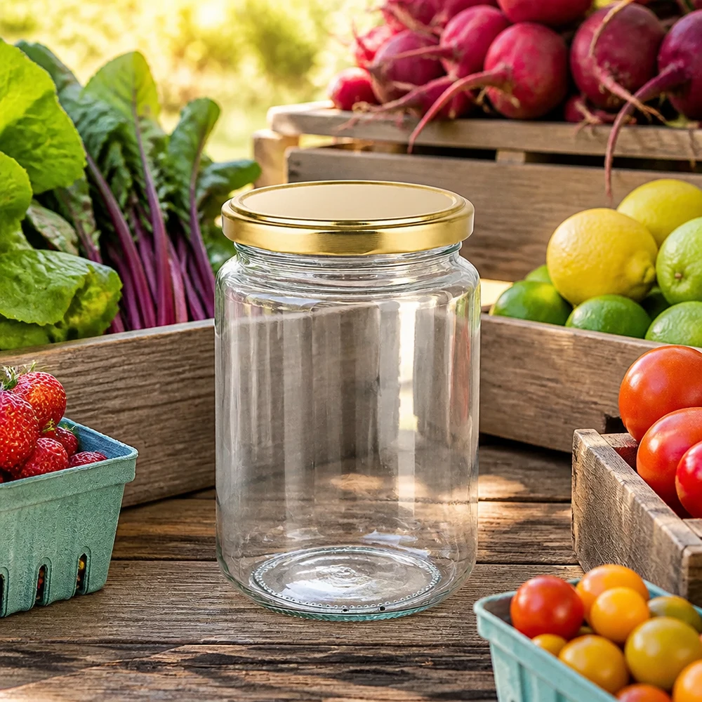 Verre rond de 382 ml avec couvercle doré BasicSeal UNiTWIST sur table en bois entouré de fruits et légumes frais