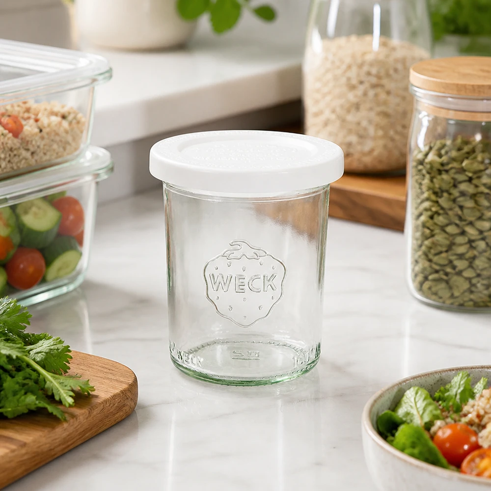 Bocal en verre de 160 ml avec couvercle hermétique WECK RR60 WECK 160ml bocal renversé RR60 dans une cuisine moderne avec des bocaux à provisions, de la salade et des herbes fraîches - conservation polyvalente
