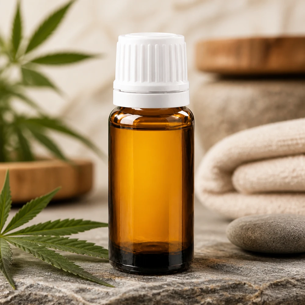 Flacon brun de 10 ml avec protection contre les UV et bouchon OV blanc, idéal pour l'huile de CBD et les cosmétiques naturels