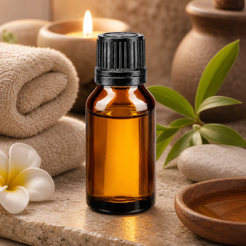 Flacon de pharmacie brun 15ml bouchon compte-gouttes 1mm noir bouchon inviolabilité Flacon en verre marron de 15 ml muni d'un bouchon compte-gouttes noir, posé sur du marbre à côté d'une bougie et d'une serviette