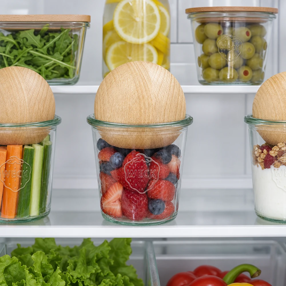 WECK Pots 290ml RR80 avec billes en hêtre dans le réfrigérateur pour la conservation alimentaire de baies et de légumes