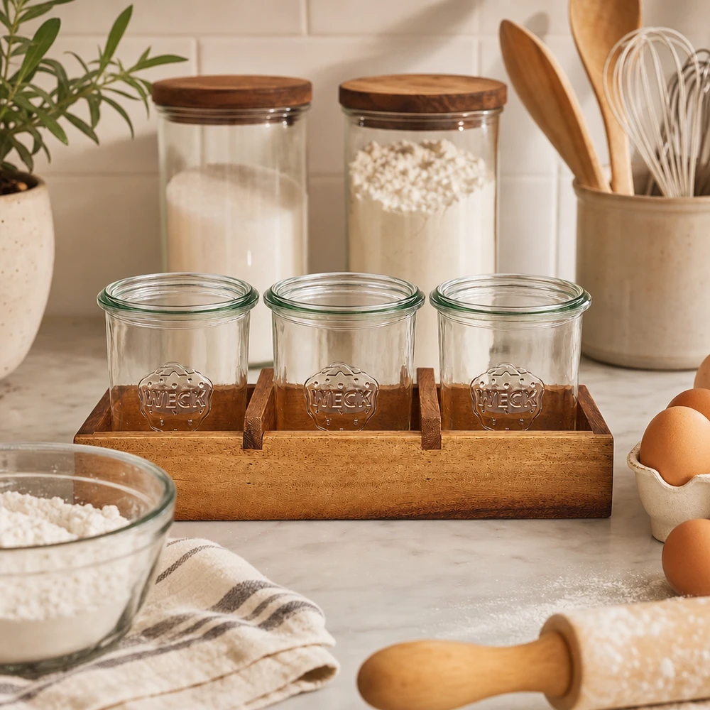 Plateau de présentation en bois daulne massif pour 3 bocaux Weck RR60 WECK Pots à l'envers dans le bois d'acacia Planche de service Box3 Scène de cuisine Ingrédients de boulangerie Œufs Farine Veinure naturelle du bois Rangement