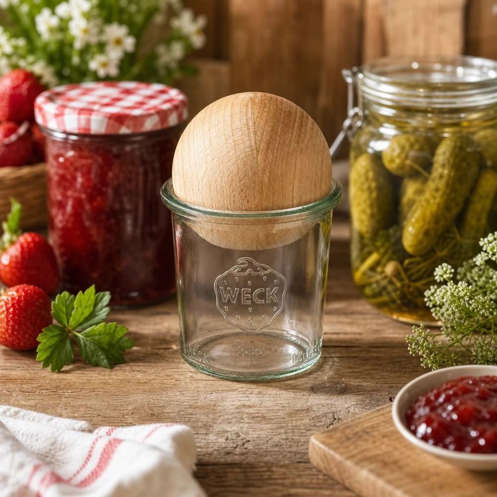 140ml bocal conique WECK RR60 avec boule en bois en hêtre WECK Pot 140ml RR60 dans une cuisine rustique avec confiture et cornichons marinés, couvercle en bois de hêtre visible