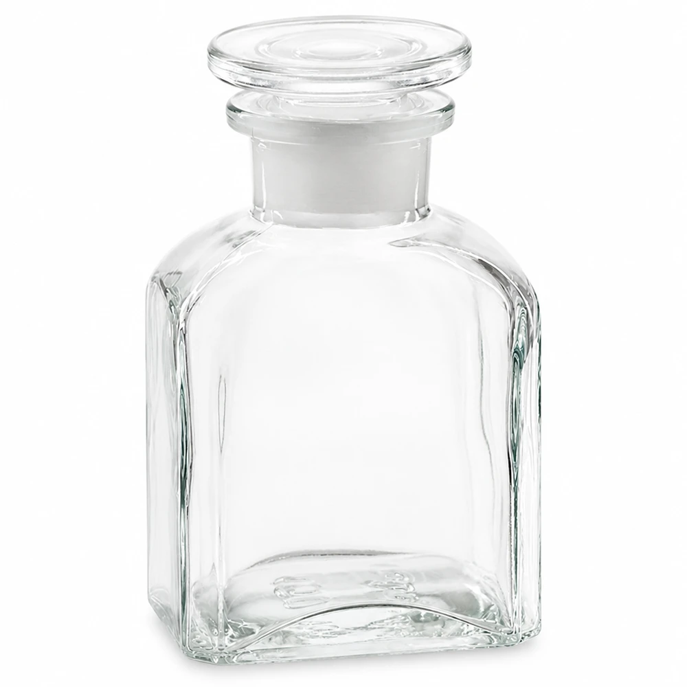 Flacon carré col large 150 ml + bouchon RIN, verre clair Flacon carré transparent de 150 ml avec bouchon en verre, en verre de haute qualité, pour le laboratoire et l'usage domestique
