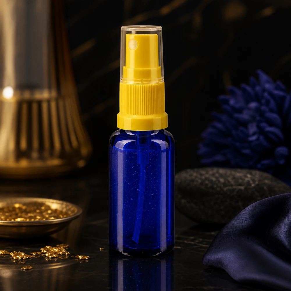 Flacon de pharmacie bleu 20ml embout spray jaune Flacon vaporisateur bleu de 20 ml en verre de pharmacie, muni d'une tête de vaporisation jaune et d'un capuchon de protection transparent